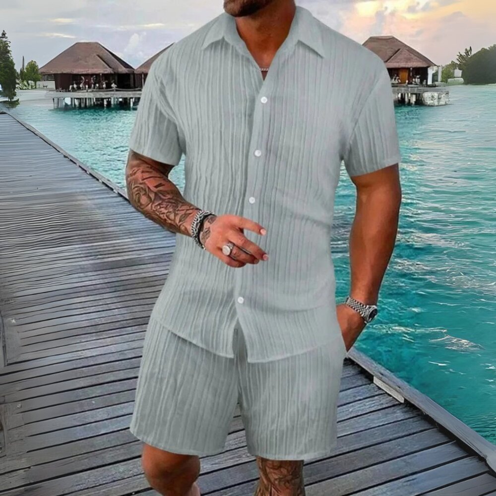 Men's Grey Button Down Short Sleeve Shirt & Shorts Resort Outfit